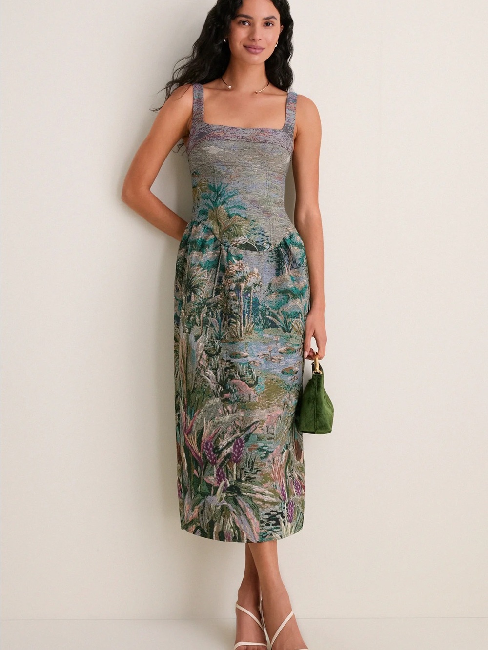 Farm Rio Petricor Floral Tapestry Square-Neck Midi Dress in Multicolor - Picture 4 of 7